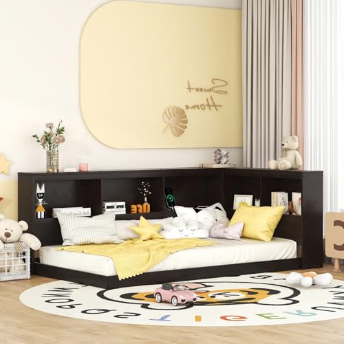 DNChuan Twin Size L-shaped Platform Bed with Bookcase Headboard and USB Ports,Storage Cabinets/Shelves,No Box Spring Needed,Espresso