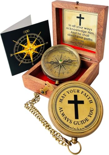 Brújula de bolsillo cristiana con mensaje de Proverbios 3:6, brújula vintage tono latón con cadena y caja de madera miniatura 1
