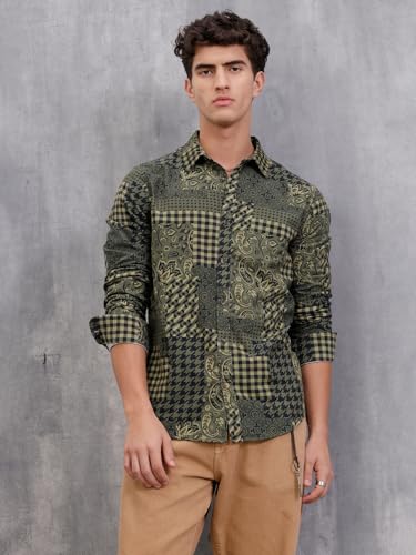 Image of WROGN Men's Cotton Corduroy Shirt | Grey Black Clash Design | Slim Fit