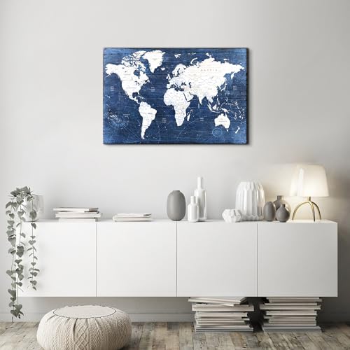Image of World Map Canvas Wall Art Office Wall Decor Modern Vintage Maps Picture Prints for Living Room Bedroom Navy Blue Retro Map of the World Painting Poster Artwork Framed Home Decorations 16x24 inch Gifts