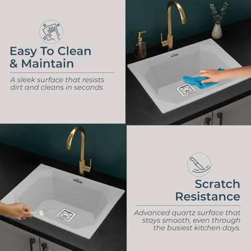 Image of ARQUIN Quartz Kitchen Sink 24x18x9 Inch Sand Pluto | Single Bowl Sink | Durable & Scratch-Resistant | Undermount /Topmount Including Coupling, Waste Pipe & Fruit Washing Basket