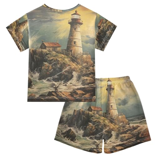 ALAZA Nautical Lighthouse and Ocean Waves Pajama Set Short Sleeve Sleepwear Soft Lounge Nightwear2