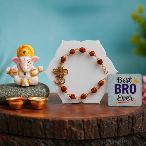 Image of ecraftindia Rudraksha Om Trishul Rakhi Gift Set for Brother | Designer Rudraksha Rakhi with Best Bro Ever Fridge Magnet, Lord Ganesha Showpiece & Roli Chawal | Raksha Bandhan Gift Combo