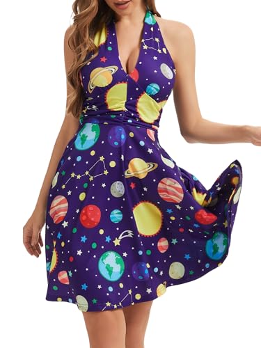 Image of Women's Festival Dress- Halter V Neck Sleeveless Ruffle Mini Dresses with Pocket