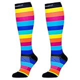 Compression Socks (Rainbow Stripes XL/20-30mmHg) Men & Women Fun Running Casual Socks