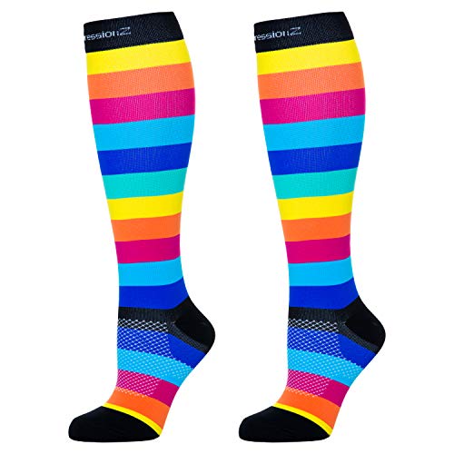 CompressionZ 20-30 mmHg Compression Socks Men & Women - Knee High Support Stockings (Rainbow Stripes, X-Large)