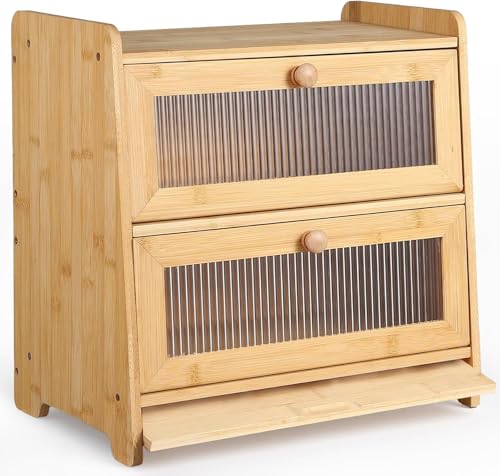 HAUSPROFI Two-Layer Bamboo Bread Bin with Striped Window, Large Capacity Storage Box and Cutting Board for Kitchen Countertop