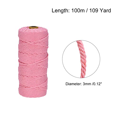 Meccanixity Macrame Cord Dark Pink 3Mm Dia 100M/109 Yard Cotton Rope Twine String Twisted Braided Cord For Wall Hanging, Plant Hanger, Knitting, Macrame Knotting #TOP1