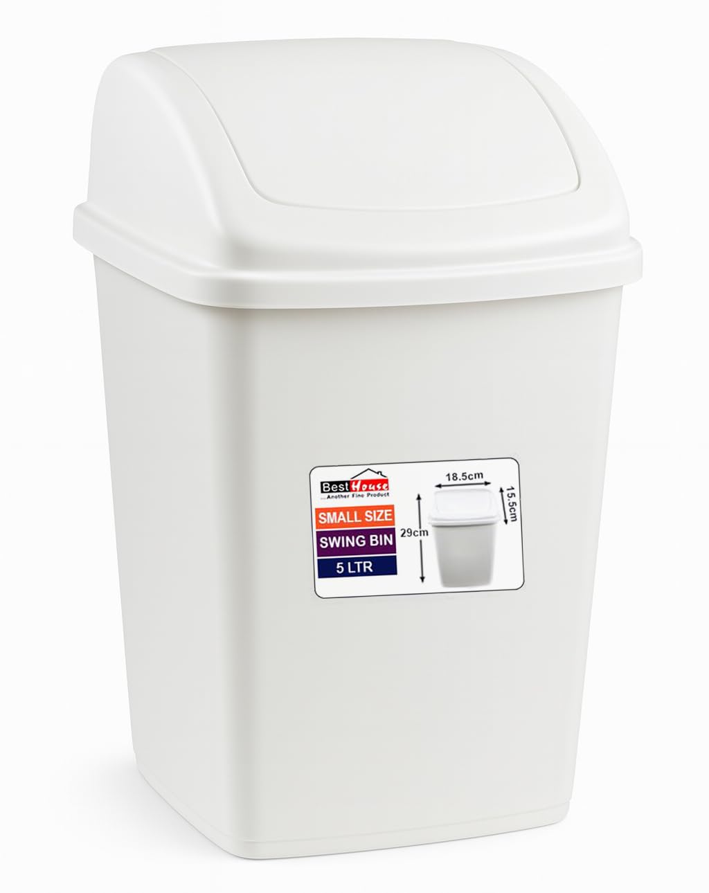 BH | SMALL Swing Bin 5 Liters | White | 1 Pc | Waste Bin, Durable, Lightweight Hinged Swing Lid for Kitchen, Office, and Home Use – Odor-Reducing Design - L 18.5 cm x W 15.5cm x H 29cm - By BEST HOUSE