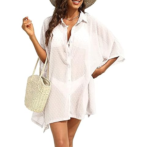 Women's Bikini Cover Up Swimwear Cover Up Button Chiffon Swimsuit Beach Cover Up Casual Solid Color Dot Chiffon Shirt Cardigan (A-White, XXL) Cover