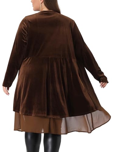 Image of Agnes Orinda Women Plus Size Ruffled Asymmetric Long Velvet Cardigan Jacket | Chiffon Ruffle Splicing Open Front Long Sleeve Irregular Hem Casual Jackets