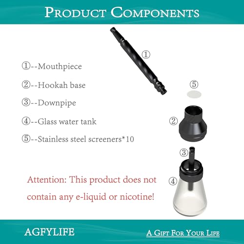 Portable Hookah Set for Travel - Premium Handheld Glass Hookah, Aluminum Mini Hookah Real Metal Accessories, includes Screens,Small Hookah Shisha For a Single Smoker, Black