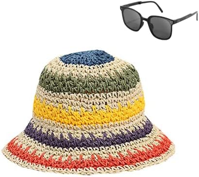 Women Foldable Wide Brim Colorful Crochet Straw Sun Hat with Sunglasses Packable Wide Brim Summer Beach Hat Outdoor Bucket Hat for Girl