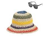 Women Foldable Wide Brim Colorful Crochet Straw Sun Hat with Sunglasses Packable Wide Brim Summer Be