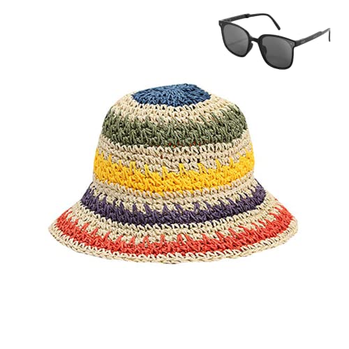 Women Foldable Wide Brim Colorful Crochet Straw Sun Hat With Sunglasses Packable Wide Brim Summer Beach Hat Outdoor Bucket Hat For Girl #TOP2