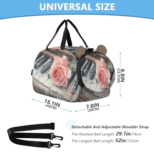 Piano Rose Beige Kids Travel Duffel Bag for Boys Girls Overnight Weekend Tote Bag with Shoes Compartment for Trip Beach Gym3