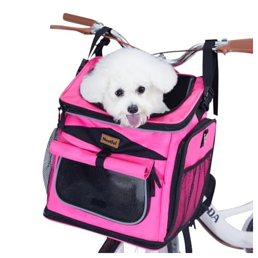 Dog Bike Basket Carrier, Expandable Foldable Dog Basket for Bike, Soft-Sided Dog Bike Carrier Pet Travel Bag, Bike Dog Carrier Backpack Carrier Safe and Easy for Small Medium Cats and Dogs (Pink)
