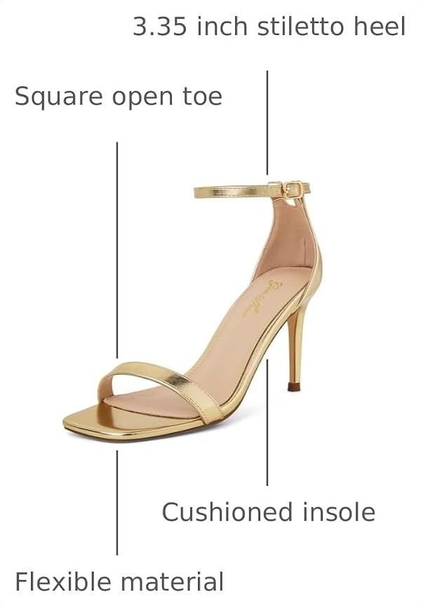 GENSHUO Women's Heeled Sandals Dressy Strappy Stiletto High Heels 3 Inch Square Open Toe Ankle Strap Buckle Sexy Prom Wedding Dress Shoes Ankle Wrap Matte Metallic Gold Size 7 by GENSHUO - Used condition - Image 3