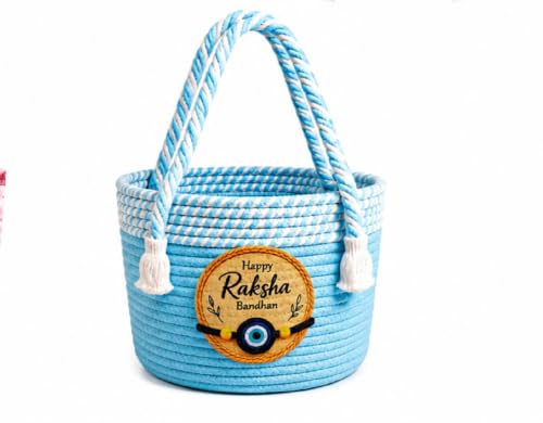 Image of BROOM Raksha Bandhan Gift Hamper Basket | Handmade Cotton Rope Storage Basket with Handle | Decorative Organizer for Chocolates, Dry Fruits, Return Gifts, Home Decor & Festive Celebration (Sky Blue)