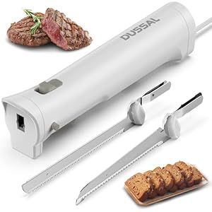 DUSSAL Electric Knife, Electric Carving Knife, 4 Stainless Steel Blades, Safety Lock Switch, Blade Release Buttons, On/Off button, Carving Meats, Poultry, Bread, Cheese & More (White)