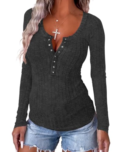 Image of APOFER Women Long Sleeve Tunics Ribbed Scoop Neck Tops Slim Henley Shirts
