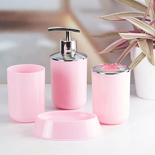 Image of Kookee Acrylic Bathroom Set - Stylish 4 Piece Bath Accessories Kit with Soap Dispenser, Toothbrush Holder, Tumbler & Soap Dish - Modern & Designer Decor for Home & Guest Bathrooms (7395)