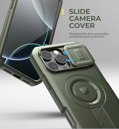 Image of Dexnor for iPhone 16 Pro Max Case with Slide Camera Cover&Adjustable Kickstand&Built-in Screen Protector,Compatible Wireless Charging Shockproof Cases Heavy-Duty Mangetic Protective Cover,Army Green