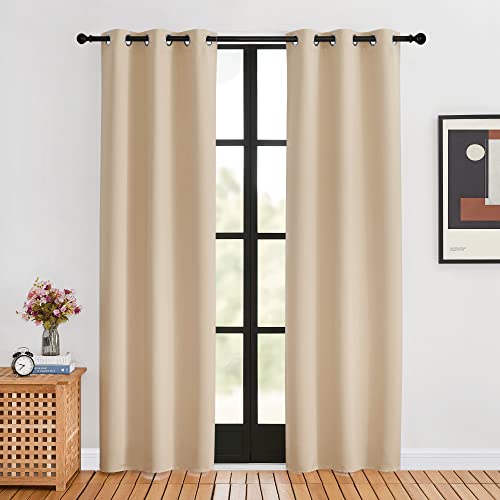 NICETOWN Blackout Farmhouse Curtains, Biscotti Beige, Set of 2, 34 by 80 Inch, Thermal Insulated Solid Grommet Vertical Drapes Room Darkening Window T