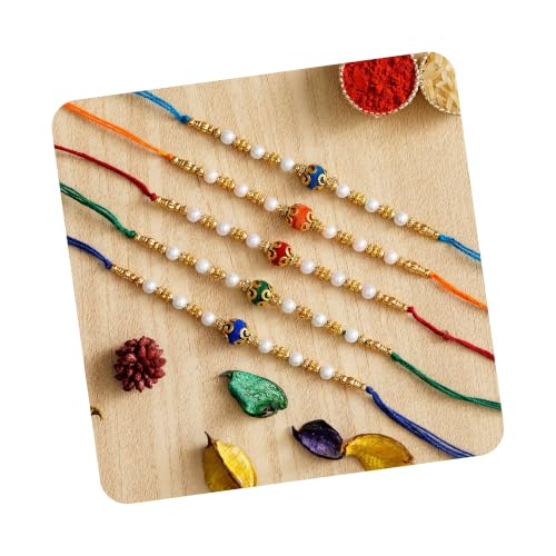 Image of eCraftIndia Red, Blue & Golden Designer Peacock Rakhi with Roli Chawal Pack - Rakhi for Brother