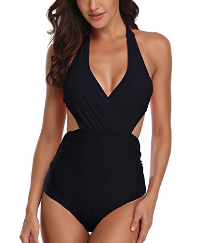 Preisvergleich Produktbild Bikini Damen Sexy Bademode Schlankheits Einteiliger Bademode Schwarz Neckholder V-Ausschnitt Figurformender Badeanzug Hohe Taille S