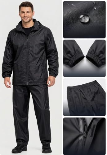 Image of Rain Coat for Men Waterproof with Pants black colour Polyester Bike RainSuit RainJacket Suit Mobile Pocket with Storage Bag