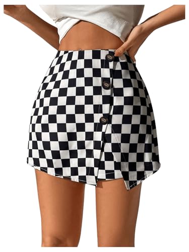 Floerns Women's Casual Asymmetrical High Waisted Bodycon Pencil Skirt Shorts Black White Gingham M
