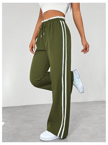 Verdusa Women's Baggy Straight Leg Pants Striped Athletic Pants Drawstring Waist Street Loose Trousers4