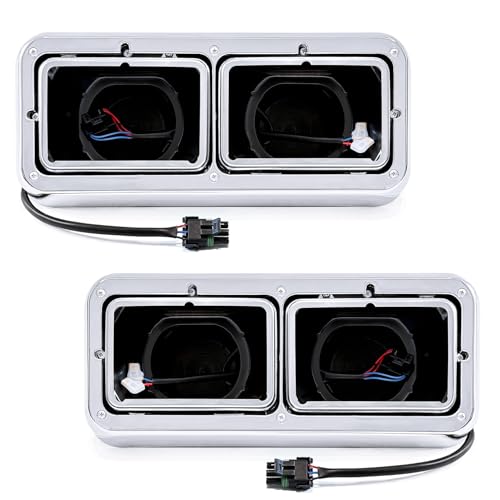 Headlight Housing Base with Chrome Dual Headlight Bezel Compatible with Kenworth T400 T600 T800 W900 K100 C500 Peterbilt 378 379 Freightliner FLD Classic XL Semi Truck AccessoriesWith Wire Harnesses
