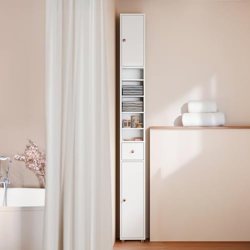 Hestiamo Tall Slim Bathroom Storage Cabinet with Drawer and Doors, Narrow Organizer for Small Spaces, Adjustable Shelves for Towels, Modern Cupboard for Tight Areas,White, HUS-BZR34