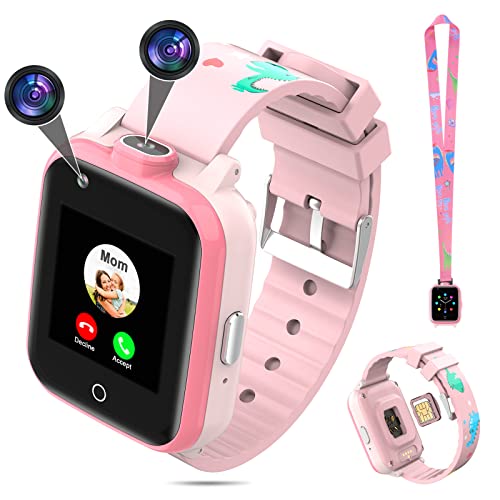 4G GPS Watches for Kids, Smart Watches Children's Mini Cell Phone with Dual Camera, Calling, SOS, Life Water Resistant 2-Style Cartoon Straps for 3-12 Years Boys Girls Birthday Xmas Gifts (Pink)