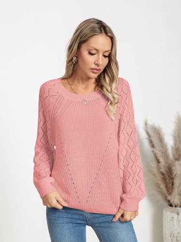 Image of Libsorge Womens Cute Crochet Knit Hollow Out Sweater Fall 2024 Lightweight Ribbed Crewneck Long Sleeve Pullover Top
