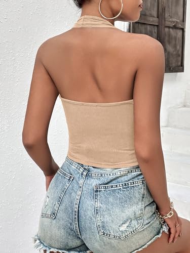 Image of Ekouaer Women Halter Top Backless Scroop Neck Slim Stretchy Ribbed Knit Camisole Crop Tops S-XXL