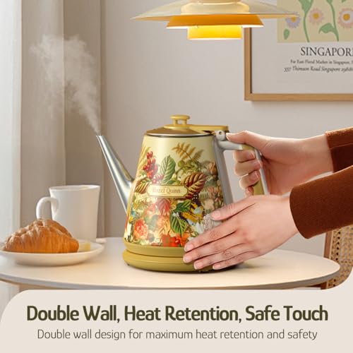 Image of Hazel Quinn Electric Kettle - 1L /34oz Small Tea Kettle, 800W Fast Boil, All 304 Stainless Steel Interior, Double Wall for Cool Touch and Thermal, Auto Shut-Off, BPA-Free, Cordless - Floral Printed