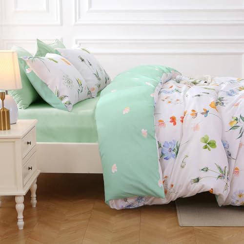Image of MUXHOMO Multi Flower Full Comforter Set, Elegant Floral Print Bed in a Bag 7 Pieces, Ultra Soft & Breathable Reversible Botanical Pattern Bedding Set with Comforter, Sheets, Pillowcases, and Shams