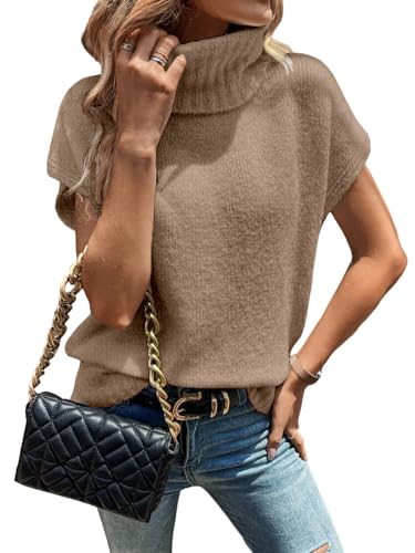 WDIRARA Women's Turtleneck Cap Sleeve Sweater Vest Pullover Knitted Top Loose Oversized Knitwear