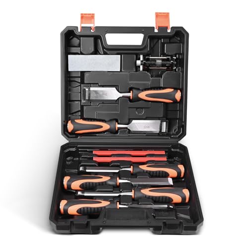 WildFun Set di 13 utensili per la lavorazione del legno, utensili per intagliare il legno, set di scalpelli per legno con mola, levigatrice e valigetta