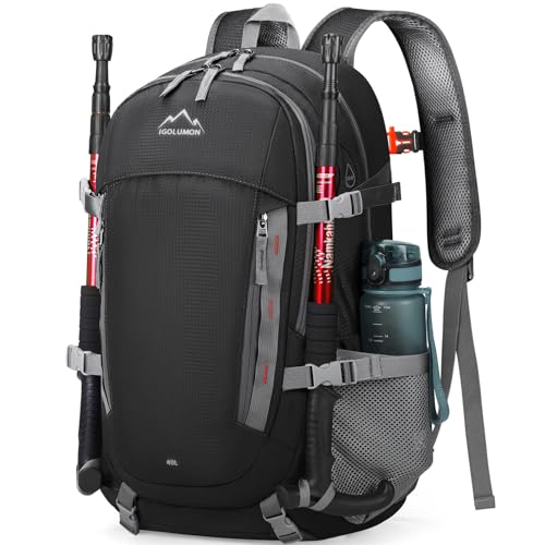 IGOLUMON Sac à Dos de Randonnée 40L Léger et Pliable pour Homme Femme - Grande Capacité, Imperméable, pour Voyage, Trekking, Alpinisme, Escalade, Camping, Sports et Plein Air - Noir