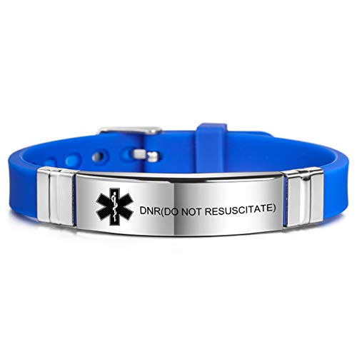 MOWOM Medical SOS Notfall Armband Personalisiertes Gravur Silikon Edelstahl Namensarmband Männer Damen Jungen Mädchen - Bündel mit Notfallkarte, Kartenhülle (Navy Blau DNR(Do Not Resuscitate))
