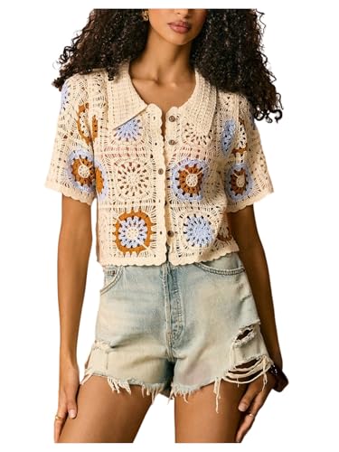 MakeMeChic Women's Crochet Sweater Vest Floral Scallop Trim Button Summer Boho Knit Tops