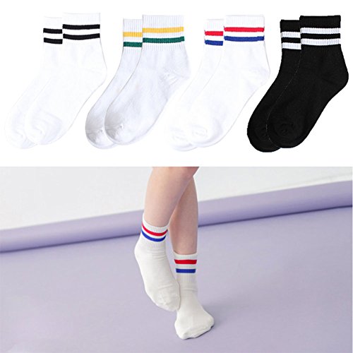 Chuangli 4 Pairs Girls Stripe Casual Cotton Crew Socks Vintage College Style Stretchy Novelty Ankle Socks Multicolor #TOP3