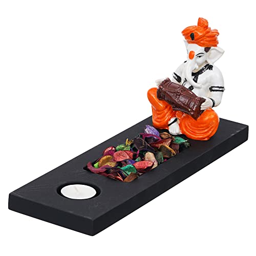 Image of eCraftIndia Orange White Resin Lord Ganesha Idol Playing Dholak Showpiece Potpourri Rectangle Tea Light Candle Holder| Ganpati Murti Tea Light Holder Diwali Decoration Items for Home Decor|Diwali Gift