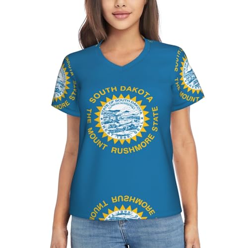 T-shirt sport manches courtes femme avec col V imprimé USA