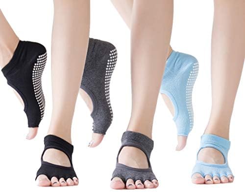 3 Pairs Non Slip Yoga Socks for Women Toeless Half Toe Socks for Ballet Pilates Barre Bikram Workout Socks with Grips (Black & Deep Grey & Light Blue)