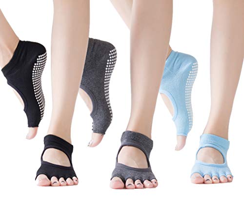 3 Pairs Non Slip Yoga Socks For Women Toeless Half Toe Socks For Ballet Pilates Barre Bikram Workout Socks With Grips (Black & Deep Grey & Light Blue) #TOP3